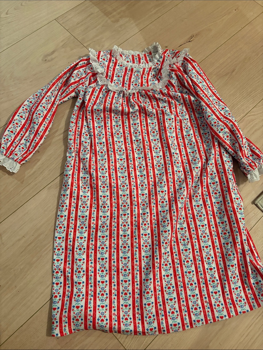 Red and White Striped Floral Girls' Nightgown with Lace Trim